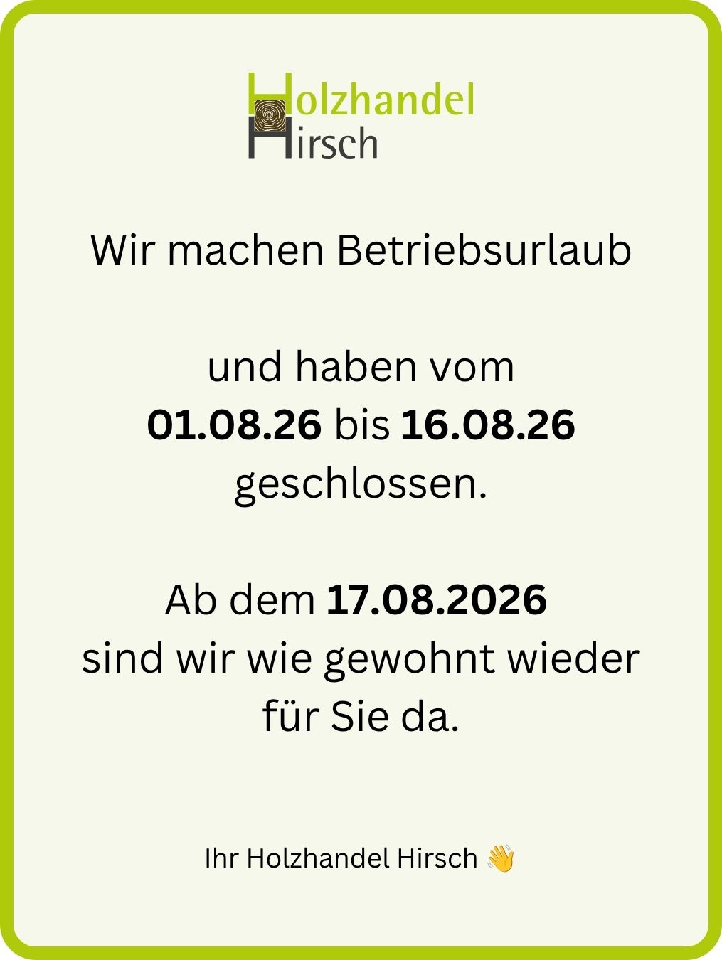 Hinweis Betriebsurlaub