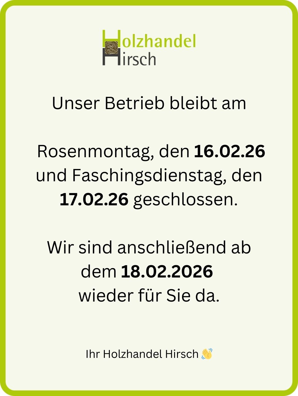 Hinweis Schließtage Fasching